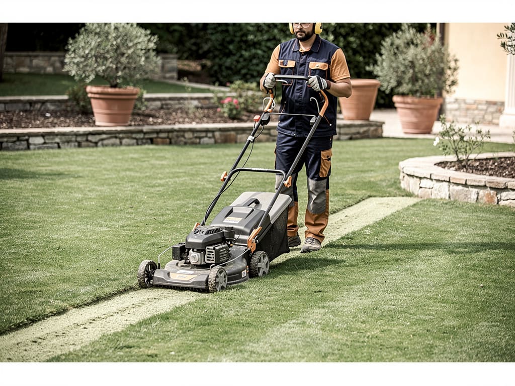 Professionista al lavoro sul taglio di un prato residenziale a Velletri